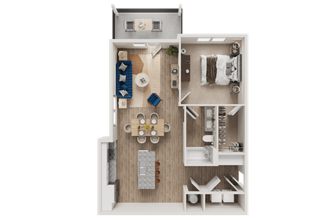 Floor plan for 1 bed, 1 bath, 849 sqft